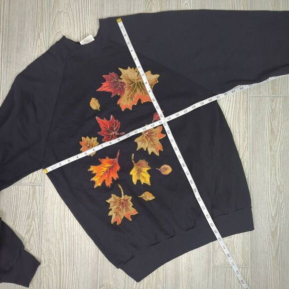 Vintage 90s Tultex Maximum Sweats Black Floral Fall Leaves Crewneck Sweater L - Picture 6 of 6
